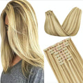 GOO GOO Clip in Hair Extensions Real Human Hair, Remy Human Hair Extensions Clip ins for Women, Natural Human Hair, 16inch 160g 9Pcs, #16/22 Light Blonde Highlighted Golden Blonde