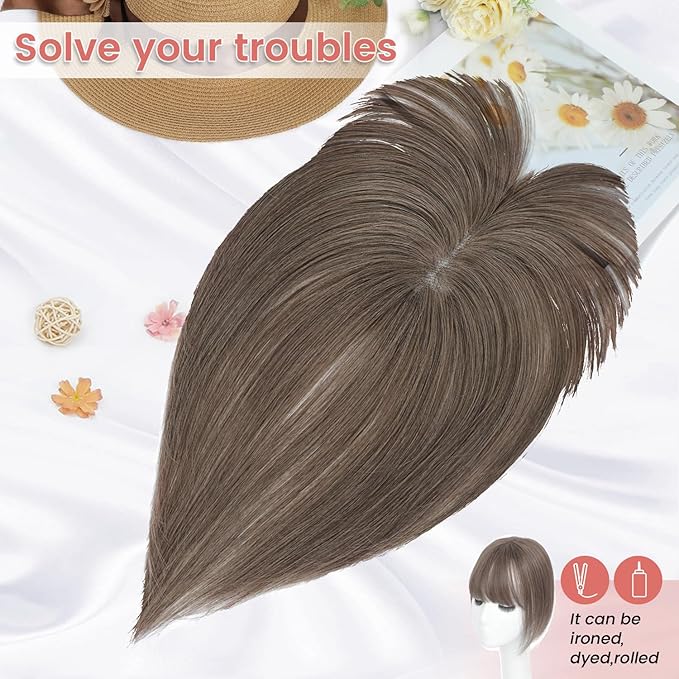 YAMI Hair Toppers for Women Real Human Hair Toppers for Women with Thinning Hair Topper with Bangs and All Hand-woven Swiss Base (Dark Ashy Brown)