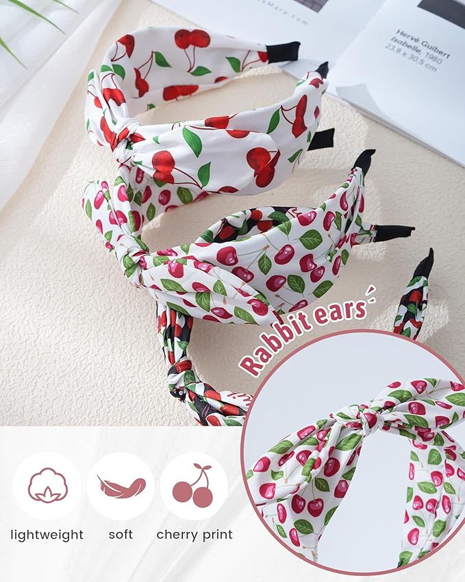 ACECHA 3 Pack Cherry Headbands for Women Girls Fashion, Bunny Ears & Knot Bow Head bands, Stretchy Soft Wide Hair Bands, Cute Hair Accessories Outfits Vacation Gifts Bunny Ears