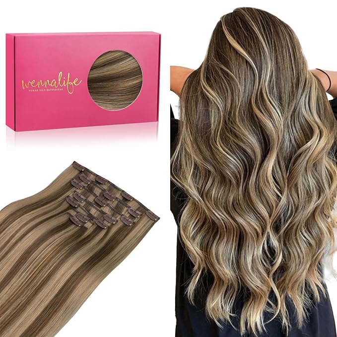 WENNALIFE Clip in Hair Extensions Real Human Hair, 18 Inch 120g 7pcs Remy Hair, Balayage Chocolate Brown to Caramel Blonde Hair Extensions Clip In Real Hair Coloured