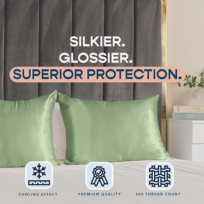 BLISSFORD Satin Pillowcase with Zipper, for Hair and Skin Care, Feels Soft and Cool Like a Silk Pillowcase, Satin Pillow Cases 2 Pack, Slik Pillow Cover, Sage Green - Queen Size - Set of 2