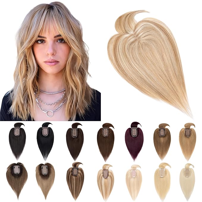 SEGO Hair Toppers for Women Real Human Hair With Bangs, 7 * 13CM Silk Base 100% Remy Human Hair Clip in Top Wiglet Hairpieces Add Volume /18 Inch Golden Brown&Bleach Blonde