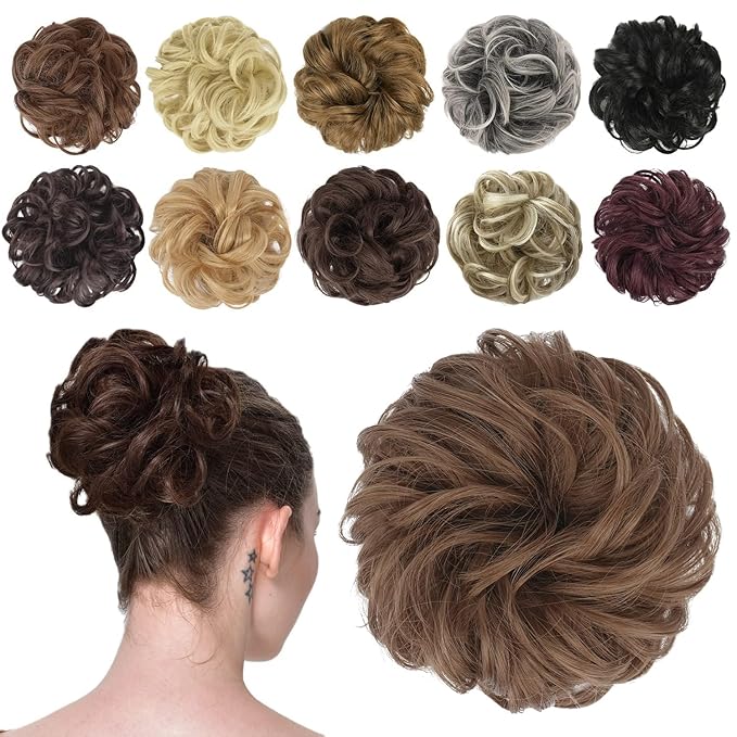 FESHFEN Messy Bun Hair Piece - Elastic Wavy Curly Hair Bun Scrunchies Extensions Synthetic Chignon Hairpieces for Women Girls, Medium Auburn 1.5 oz