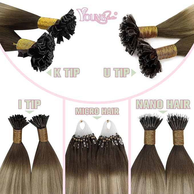 YoungSee K Tip Hair Extensions Balayage 18In Keratin Hair Extensions Human Hair Ombre Dark Brown to Brown with Blonde Straight 50s/50g