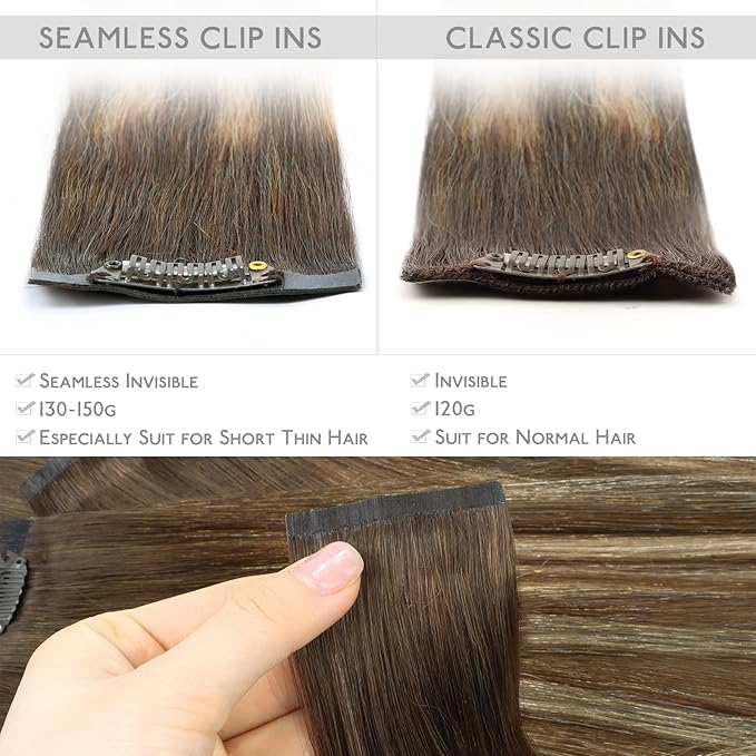 WENNALIFE Seamless Clip in Hair Extensions Human Hair, 12 Inch 80g 7pcs Balayage Chocolate Brown to Honey Blonde Real Hair Extensions Clip Ins Invisible PU Skin Weft Natural Remy Hair