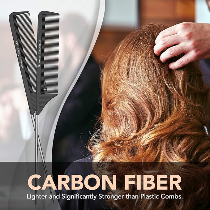 Professional 8.8 Inch Tail Comb - Black Carbon Fiber And Stainless Steel Pintail - Anti Static And Heat Resistant Teasing Lightweight Comb For All Hair Types