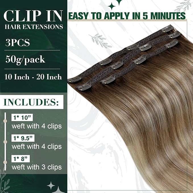 RUNATURE Clip in Hair Extensions Human Hair Balayage Clip in Human Hair Extensions for Women Soft Remy Natural Hair Straight 18 Inch 50g 3pcs #3/8/22 Walnut Brown to Blonde Balayage