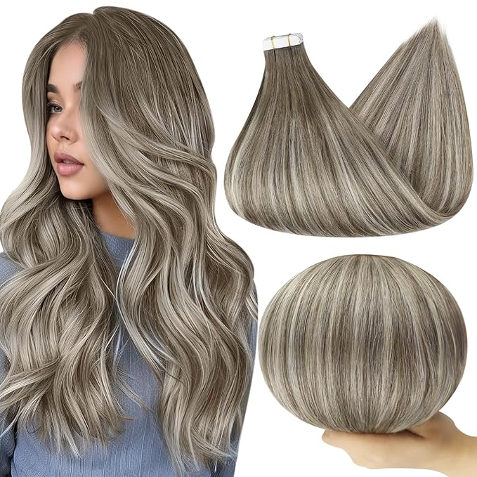 Full Shine 18 Inch Balayage Hair Extensions Tape in 7/1000/7 Brown Roots Fading to Brown and Blonde Seamless Tape in Hair Extensions Straight Hair 20 Pcs Skin Weft 50 Gram Add Volume