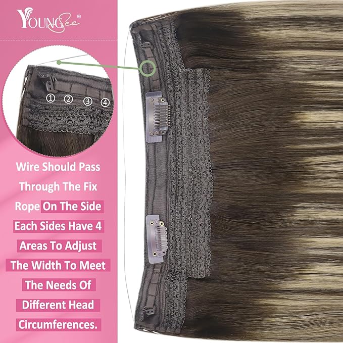 Youngsee Wire Hair Extensions Brown Balayage Wire Human Hair Extensions Ombre Dark Brown with Ash Blonde Invisible Fish Line Hair Extension Real Human Hair for Women 12Inch 70G