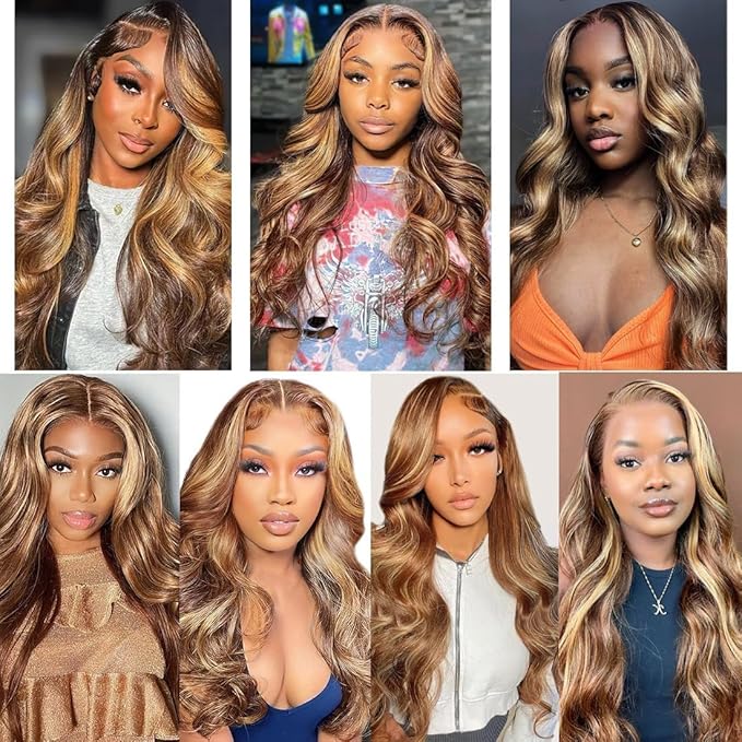 210% Density 13x6 Highlight Ombre Full Lace Frontal Wigs Human Hair 12A Body Wave Brazilian Human Hair Pre Plucked 4/27 Honey Blonde HD Glueless Transparent Lace with Baby Hair 22 Inch
