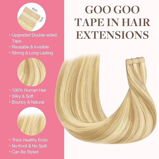 GOO GOO Tape in Hair Extensions Human Hair, 18D/22F Dirty Blonde Highlights, 14inch 25g 10pcs, Skin Weft Seamless Invisible, Silky Straight with Thick Ends, Remy Human Hair