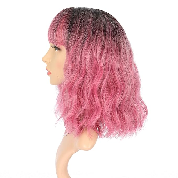 FAELBATY Ombre Red Wig With Bangs Short Wave Bob Synthetic Cosplay Wig for Women Halloween - 12" Ombre Rose Red Color