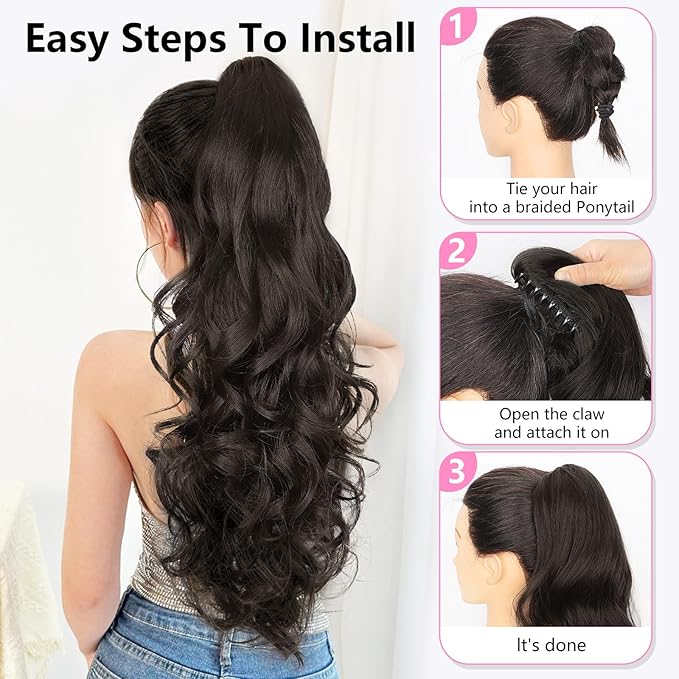 ALXNAN Ponytail Extension,24 Inch Claw Clip in Long Curly Wavy Grey with White Ends Ponytail Hair Extension Jaw Clip on Pony Tails Hairpiece for Women