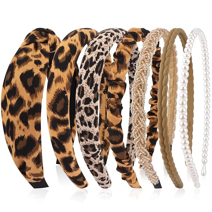 VELSCRUN Headbands for Women 7 Pcs Different Dark Leopard Color Knotted Solid Pearl Head Bands Non Slip Hair Band Stuff for Teen Girls Womens Trendy Fashion Diademas Para Mujer Hair Accessories
