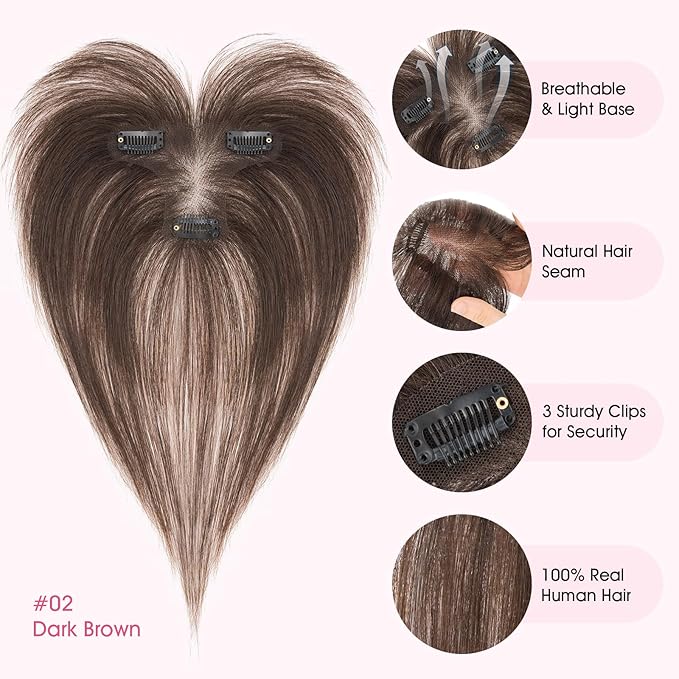 Hairro Human Hair Toppers with Wispy Bangs, 3D 360° Seamless Real Hair Toppers, Hand-Tied with 3.5"x4.7" T-shaped Base, Clip-In Hairpieces to Add Volume on Top, 11 Inch Dark Brown