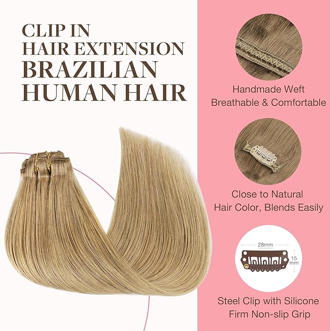 GOO GOO Clip in Hair Extensions Real Human Hair, Remy Human Hair Extensions Clip ins for Women, Natural Human Hair, 16inch 120g 7Pcs, 7 Bronde