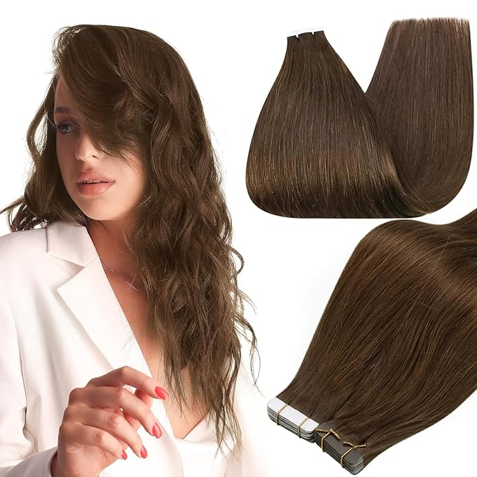 Full Shine Tape in Hair Extensions Human Hair Color 4 Medium Brown Tape in Extensions 18Inch Seamless Skin Weft Invisible Long Straight Extension 100G 40Pcs Soft Silky for Women
