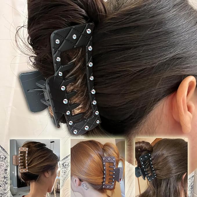 Bling bling Rhinestones Square Hair Clips Double Row Teeth,2 Rows Teeth Rectangle Hair Claw Clips with Shiny Rhinestones,Women Girls Sparkly Thick Hair Accessories Set(black coffee chocolate)