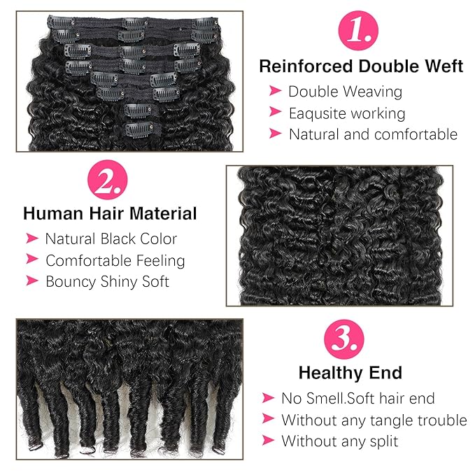 12 inch Burmese Curly Clip ins Natural Black Burmese Curly Clip in Hair Extensions Real Human Hair Brazilian Virgin Clip on Hair Extensions (12inch,#1B)
