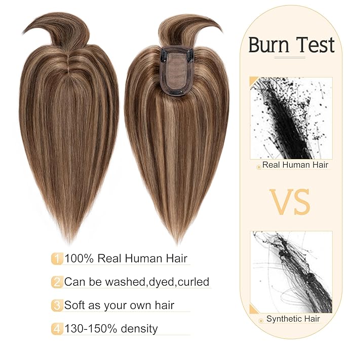SEGO Hair Toppers for Women Real Human Hair With Bangs, 7 * 13CM Silk Base 100% Remy Human Hair Clip in Top Wiglet Hairpieces Add Volume -6 Inch Medium Brown&Dark Blonde