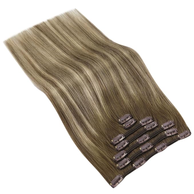 Ve Sunny Clip in Human Hair Extensions Balayage Clip in Hair Extensions Real Human Hair 24 Inch Long Straight Remy Hair Extensions Clip ins Dark Brown to Light Brown with Blonde 120g 7Pcs