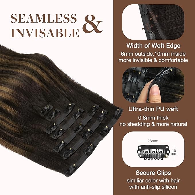 GOO GOO Clip in Hair Extensions Real Human Hair, Remy Human Hair Extensions Clip ins for Women, Natural Human Hair, 24inch 160g 7Pcs, 2/6/2 Balayage Dark Brown to Chestnut Brown