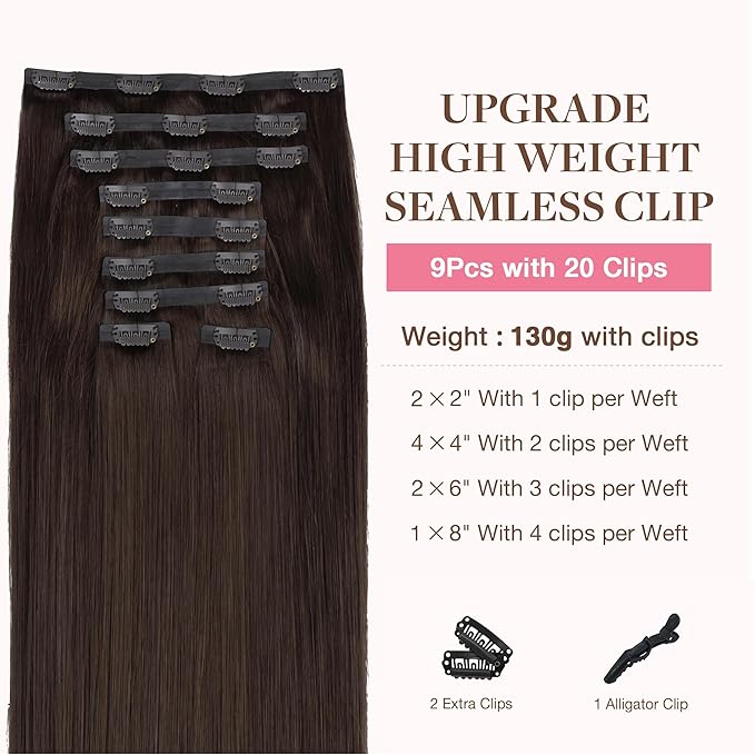 GOO GOO Clip in Hair Extensions Real Human Hair, Remy Human Hair Extensions Clip ins for Women, Natural Human Hair, 14inch 130g 9Pcs, 2A Light Brown