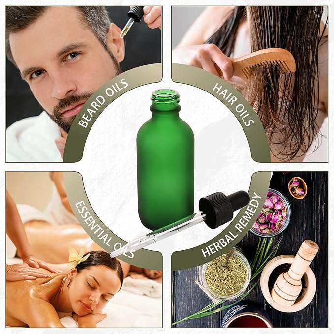 2oz Glass Dropper Bottle,Preety Texture Tincture Bottles with Precise Scales Eye Droppe,for All Kinds Of Mixed Liquids,Leak-Proof Design for Easy Travel (Green Frosted-24Pack)