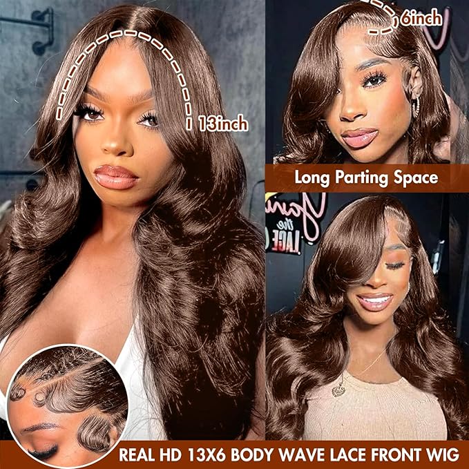 250 Density 13x6 FULL SKINLIKE HD lace front wigs Human Hair Chocolate Brown Pre Plucked Real 15A 0.10mm Ultra-thin Invisible Front HD Lace wigs Small Knots Body Wave Full Virgin Hair 24 Inch