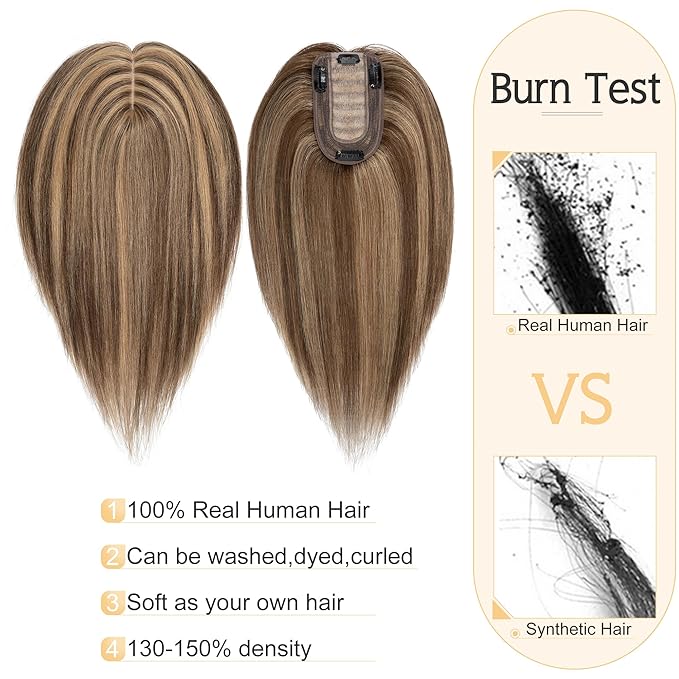 SEGO Human Hair Toppers for Women With Thinning Hair, 7 * 13CM Silk Base 100% Real Human Hair Clip in Top Wiglet Hairpieces -14 Inch No Bangs Medium Brown&Dark Blonde