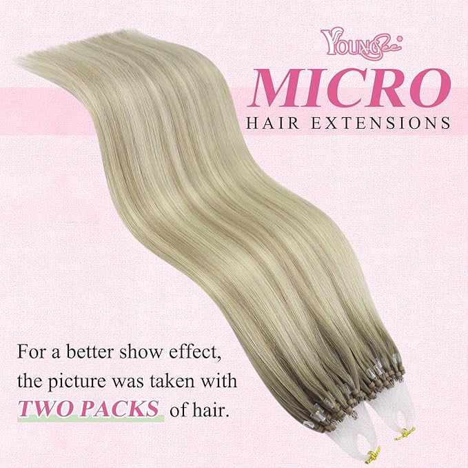 YoungSee Micro Loop Hair Extensions Real Human Hair Blonde Bead Hair Extensions Human Hair Ash Blonde Ombre Platinum Blond Microbead Human Hair Extension Balayage for Adding Hair Length 22In 50s/50g