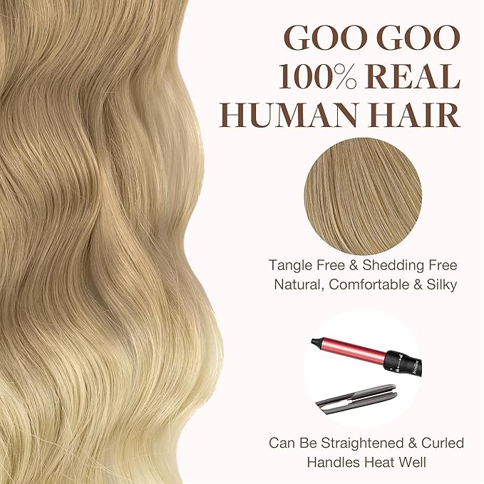 GOO GOO Tape in Hair Extensions Human Hair, O18G/22G(L) Golden Beige Blonde with Ash Highlights, 24inch 50g 20pcs, Skin Weft Seamless Invisible, Silky Straight with Thick Ends, Remy Human Hair