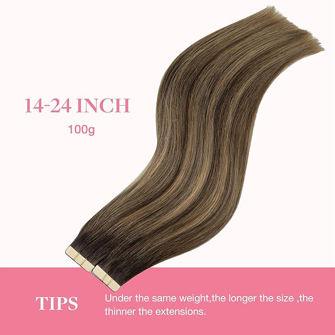 GOO GOO Tape in Hair Extensions Human Hair, 4D/14/5B Brunette Balayage, 22inch 100g 40pcs, Skin Weft Seamless Invisible, Silky Straight with Thick Ends, Remy Human Hair