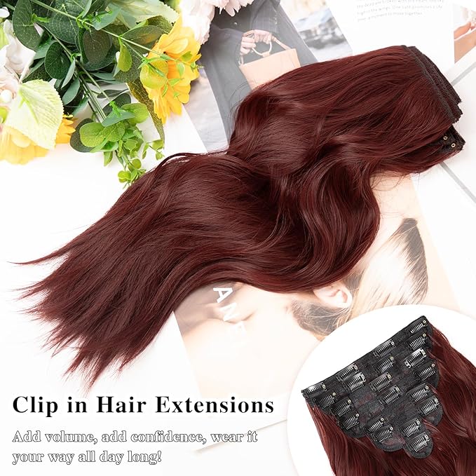 Hair Extensions Clip Ins, 16 Inch 8PCS Red Curly Clip in Hair Extensions Wavy, Synthetic Hairpieces for Women, Invisible Lace Weft Hair Extension