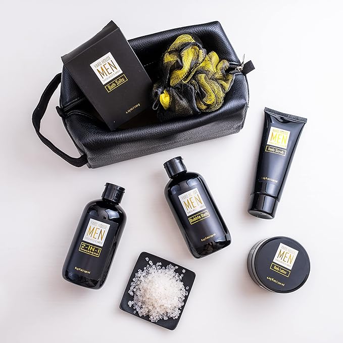 Bath and Body Spa Gift Baskets Set for Men - Sandalwood Amber - 7Pc Full Size Spa Kit in Toiletry Bag - Fathers Day Gifts For Husband, Dad From Wife, Daughter Son, Birthday Gifts For Him