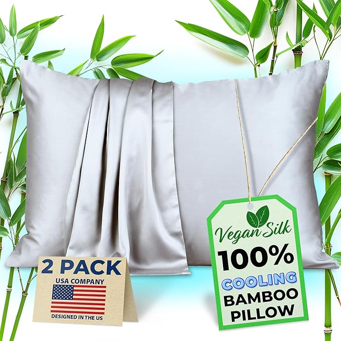 Pillow Cases - 100% Viscose Derived from Bamboo - Cooling Pillowcase - Standard Size, Silver Gray, Set of 2 Zippered - for Hot Sleepers - Soft Pillow Covers - by Vegan Silk
