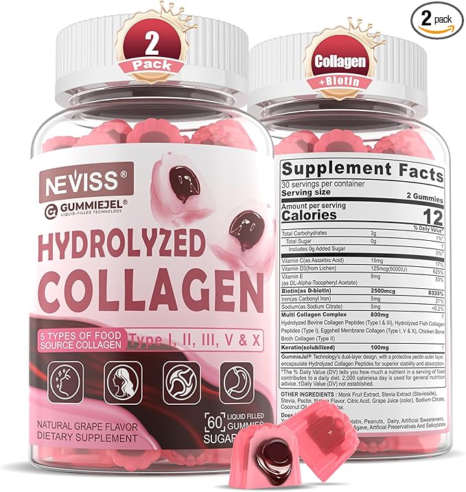 Hydrolyzed Collagen Peptides, Marine Gummies for Women Men, Multi Collagen Type I II III V & X for Hair Growth, Healthy Skin Nails - Collagen Gummy w/ Hair Vitamins Biotin Keratin & Vitamin D3, 120Cts