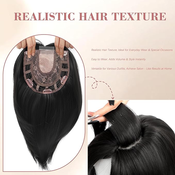 CROWN GUIDE 12 Inch Hair Toppers for Women with Thinning Hair - Synthetic Clip in Topper with Bangs Breathable Hairpiece 6.5x6.5 Base, Instantly Adds Volume & Wiglets Full Coverage (Black Brown)