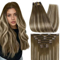 Full Shine Clip in Hair Extensions Human Hair Brown Balayage Hair Extensions Clip ins Real Human Hair Brown Ombre Platinum Blonde Clip in Extensions Straight 16 Inch 7 Pcs 120 G