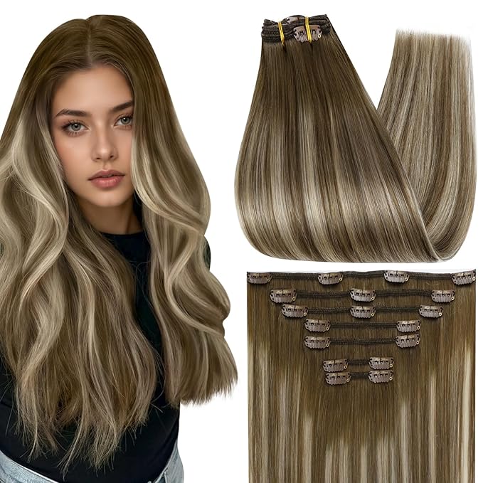 Full Shine 18 Inch Clip in Extensions Remy Human Hair Clip in Hair Extensions Chestnut Brown Balayage to Brown With Platinum Blonde Real Hair Clip ins Double Weft 7 Pcs 120 G