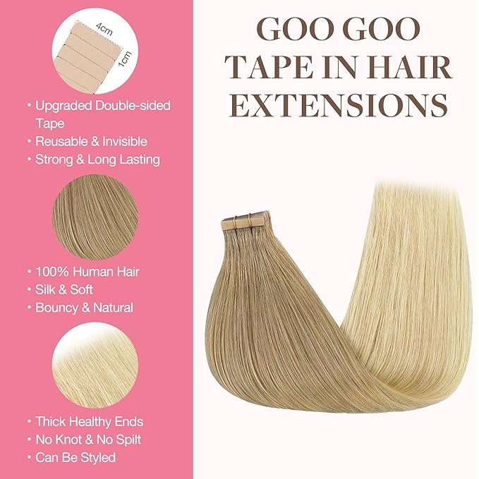 GOO GOO Tape in Hair Extensions Human Hair, O18G/22G Ombre Beige Blonde with Ash Highlights, 26inch 60g 20pcs, Skin Weft Seamless Invisible, Silky Straight with Thick Ends, Remy Human Hair