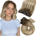 Moresoo Clip in Hair Extensions Remy Double Weft Human Hair Clip in Extensions Balayage Straight Hair Extensions for Women Ombre Brown to Light Brown with Blonde 5pcs 80g 10inch