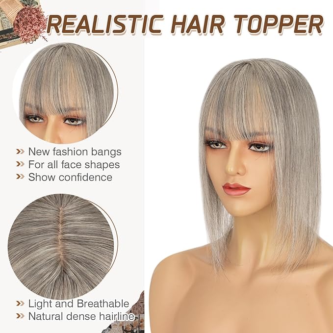 Rich Choices Real Human Hair Toppers for Women With Bang 100% Remy Human Hair Topper for Thinning Hair Clip in Silk Base Hair Topper 14 Inch Salt and Pepper G2 Silver
