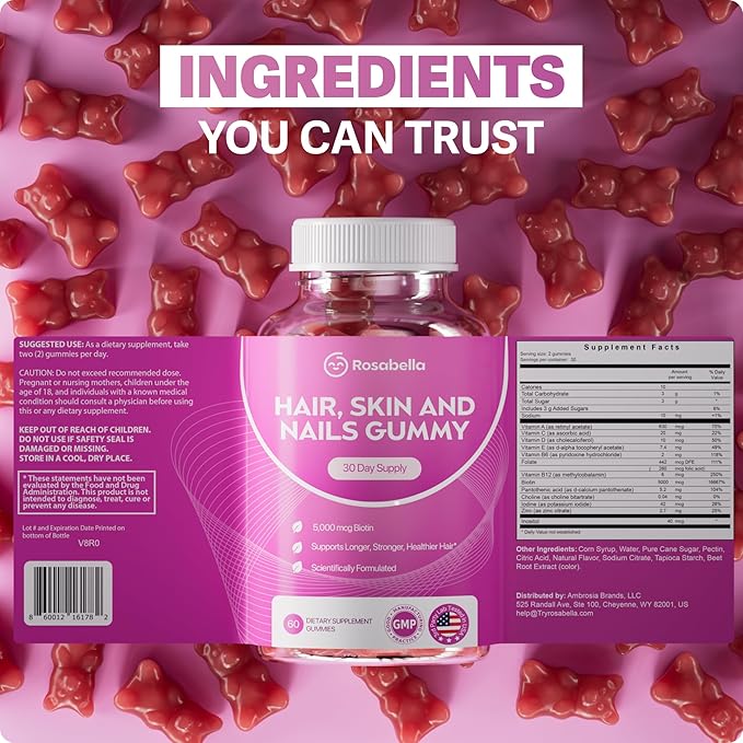 Rosabella® Hair Growth Vitamin Gummies [60 Gummies] Biotin for Faster Hair Growth Women & Men - Nail, Skin (5.000mcg Biotin) (60 Count (Pack of 2))