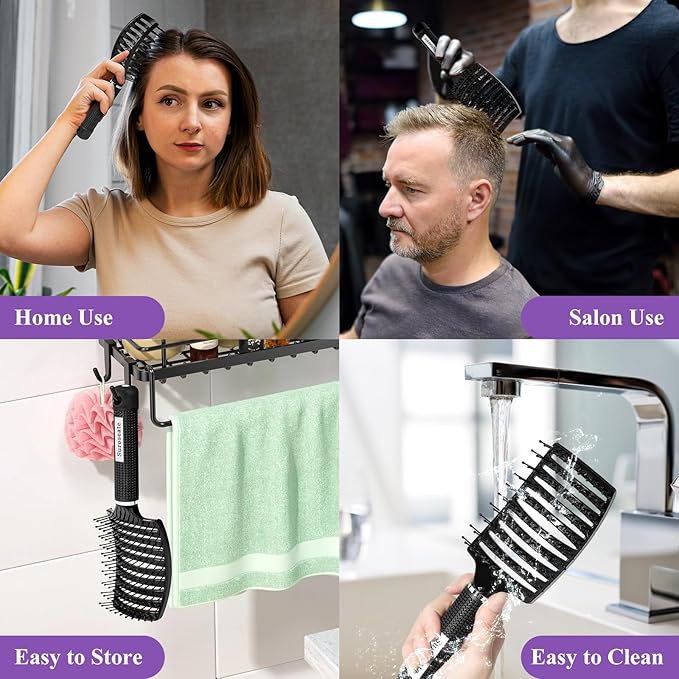 Hair Brush, Detangler Hair Brushes for Women Men Kids Faster Blow Drying, Curved Vent Detangling Brush for Wet Dry Curly Straight Thick Thin Hair Adds Shine, Makes Hair Smooth (black)