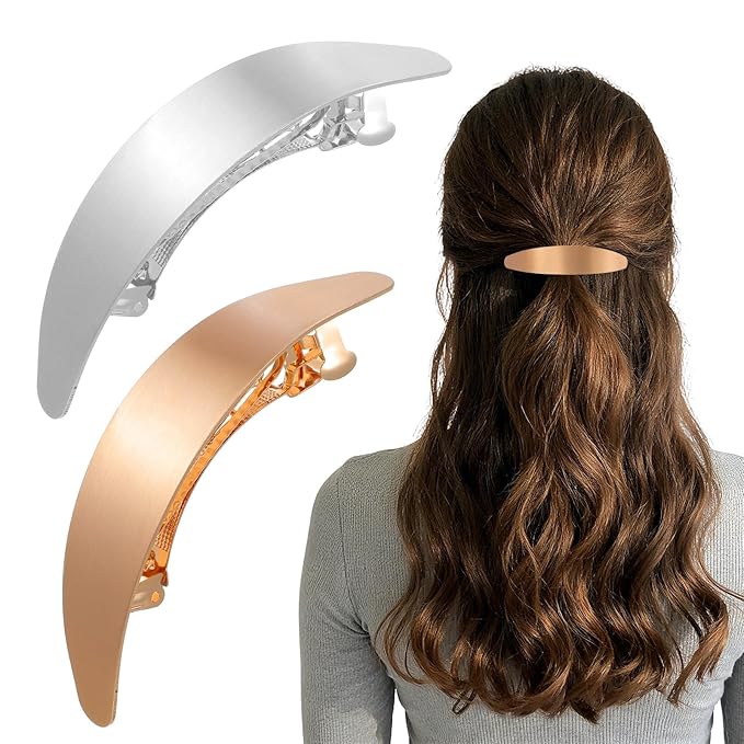 2Pcs Oval French Barrette Hair Clips, Vintage Metal Gold Hair Clip, Elegant French Clip for All Hairs, Gold Hairs Barrettes for Wedding Prom & Formal Events Valentine's Day（Gold, Silver）