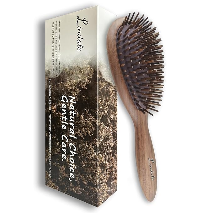 Lindale Walnut Wooden Hair Brush for Hair Growth with Natural Walnut Bristles Detangler Paddle Hairbrush for Massaging Scalp for Women Men, Reduces Static for Curly Hair with Ergonomic Handle Oval