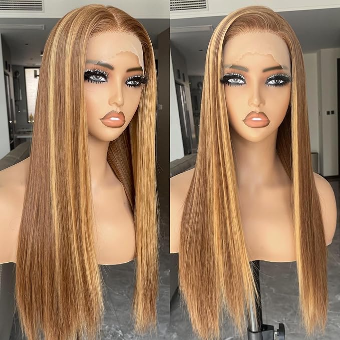 BLL Honey Blonde Wig, 13x4 Synthetic Lace Front Wigs Pre-Plucked Hd Lace Long Straight Sunkissed Highlights Glueless Wig For Black Women 26inch Suitable For Everyday Wear