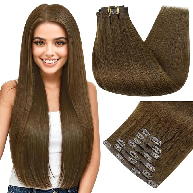 Full Shine Human Hair Clip in Extensions Brown Seamless Hair Extensions Clip ins PU Weft Medium Brown Human Hair Long Straight Hair 20 Inch 8 PCS 120 Grams