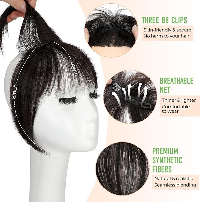 Bangs Hair Clip in Bangs 360°3D Cover Hair Topper Synthetic HairPieces for Women Dark Brown Wispy Fake Bangs Toppers for Daily Wear